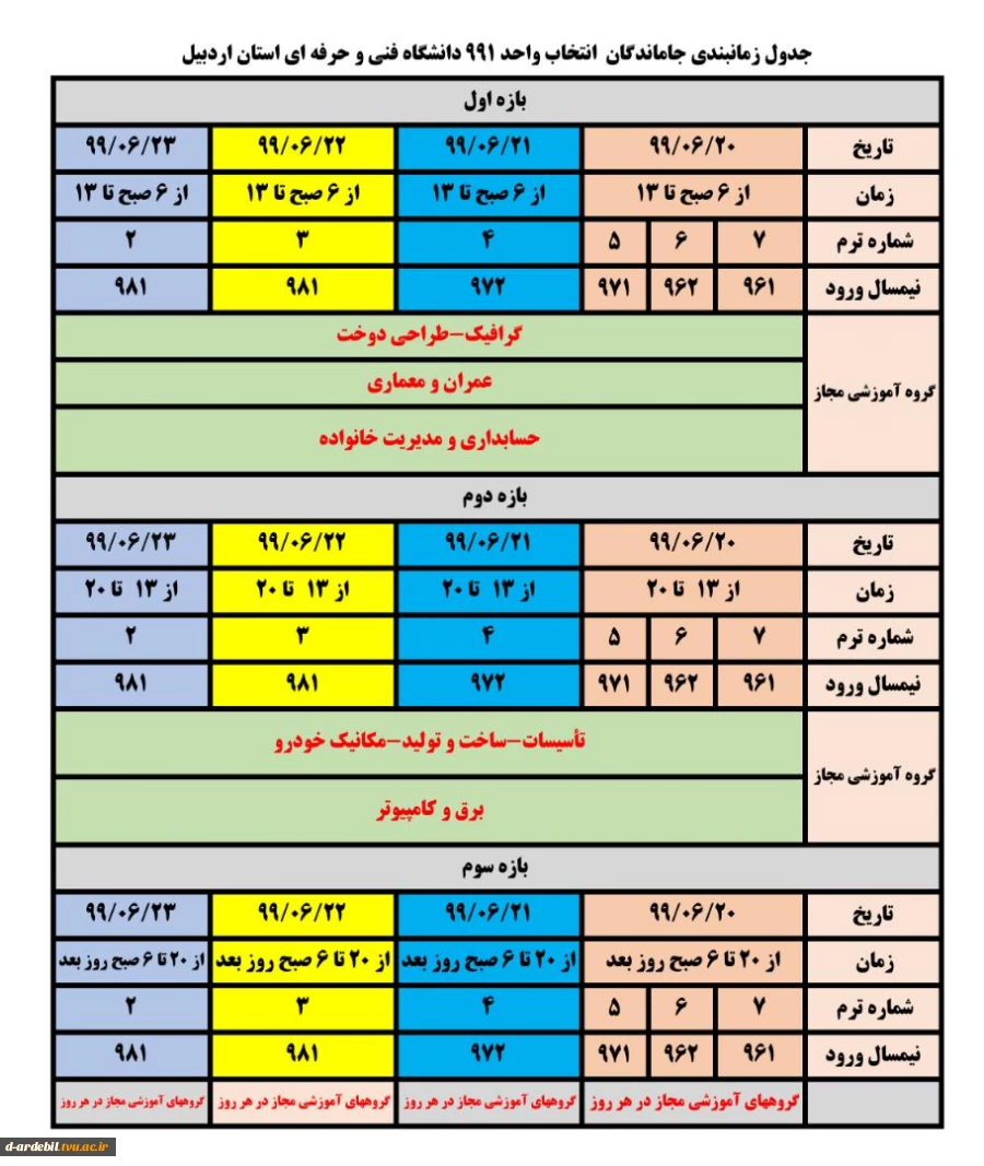 اطلاعیه زمانبندی جاماندگان انتخاب واحد ۹۹۱ دانشگاه فنی و حرفه ای استان اردبیل 2