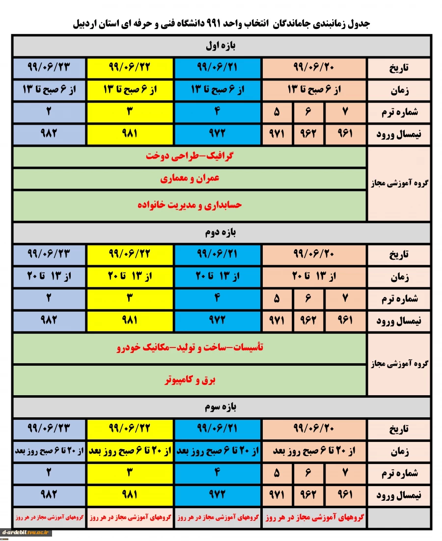 اطلاعیه زمانبندی جاماندگان انتخاب واحد ۹۹۱ دانشگاه فنی و حرفه ای استان اردبیل 2