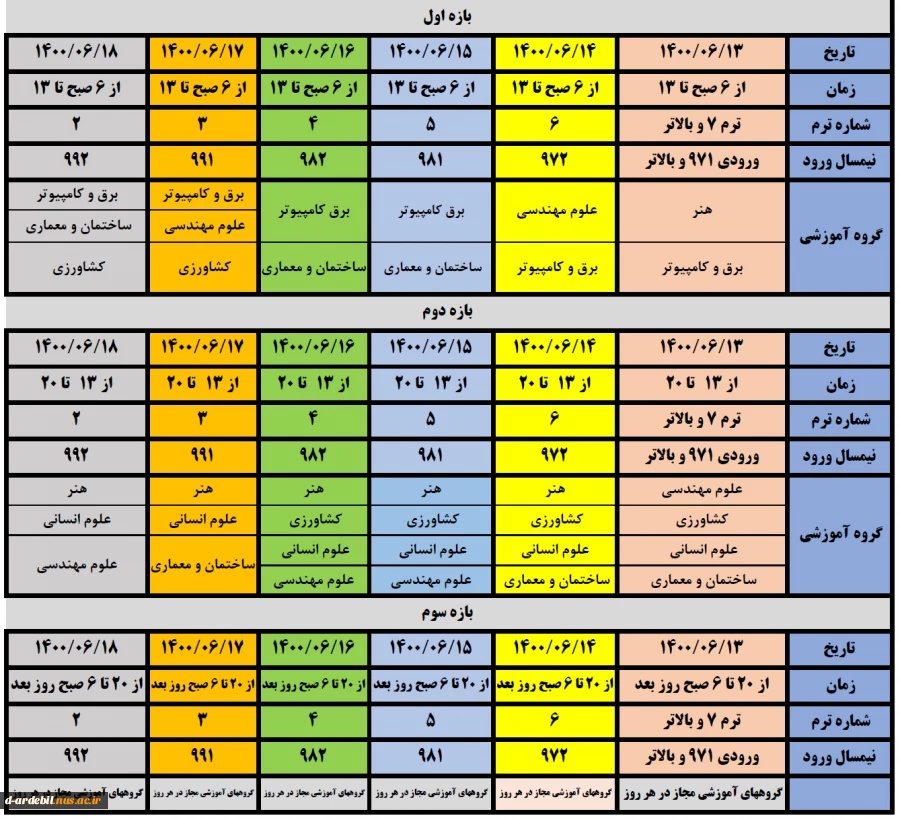 جدول زمانبندی انتخاب واحد نیمسال اول ۱۴۰۰ 2