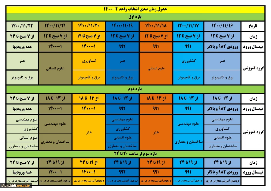 جدول زمانبندی و ملزومات انتخاب واحد نیم­سال دوم سالتحصیلی 1401-1400  2