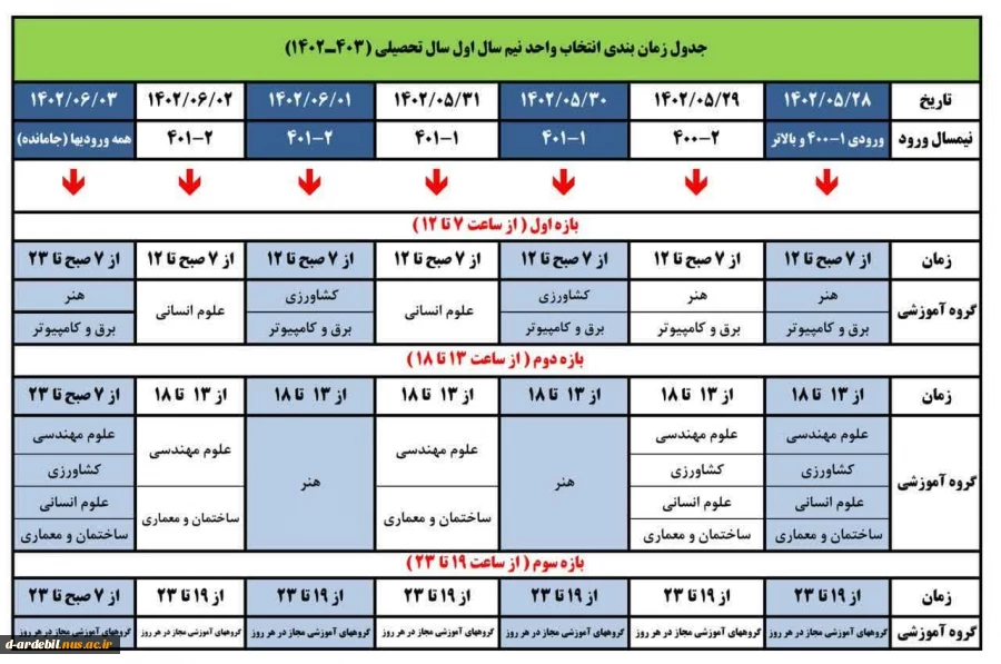 جدول زمانبندی انتخاب واحد نیمسال اول سالتحصیلی ۱۴۰۳-۱۴۰۲ 2